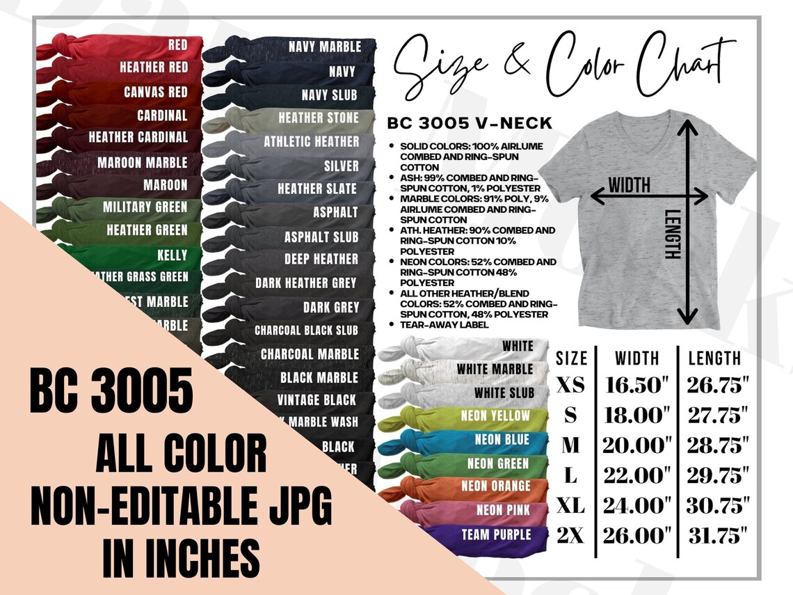 Bella Canvas 3005 Color & Size Chart for Unisex V-Neck Shirt | Etsy