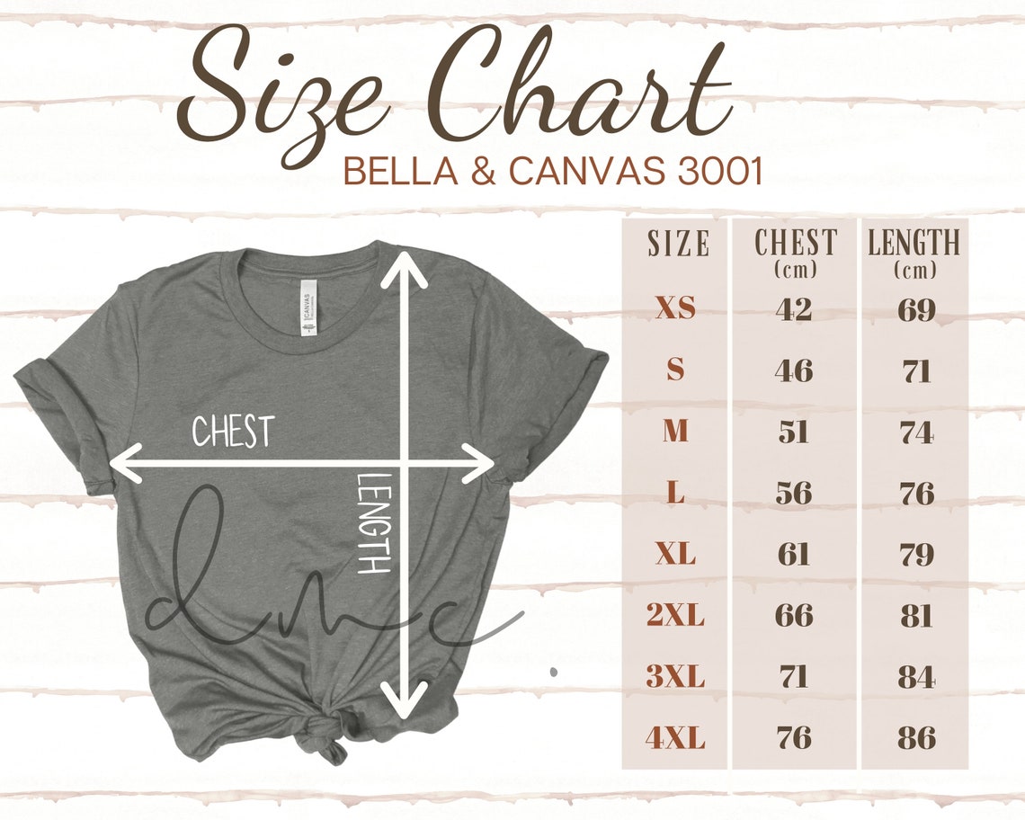 Metric Bella Canvas Size Chart for 3001 Unisex Shirt Sizing | Etsy