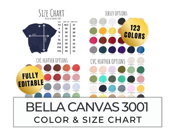 Download Canvas Unisex Tshirt Color Chart Printable Bella Editable Bella Canvas 3001 Color Chart For Printify Downloadable Paper Paper Party Supplies