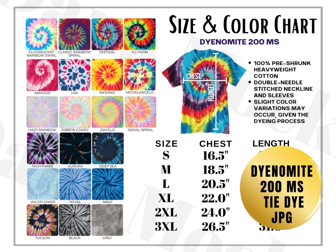 Dyenomite 200 MS Size Color Chart for Tie Dye Shirt - Etsy