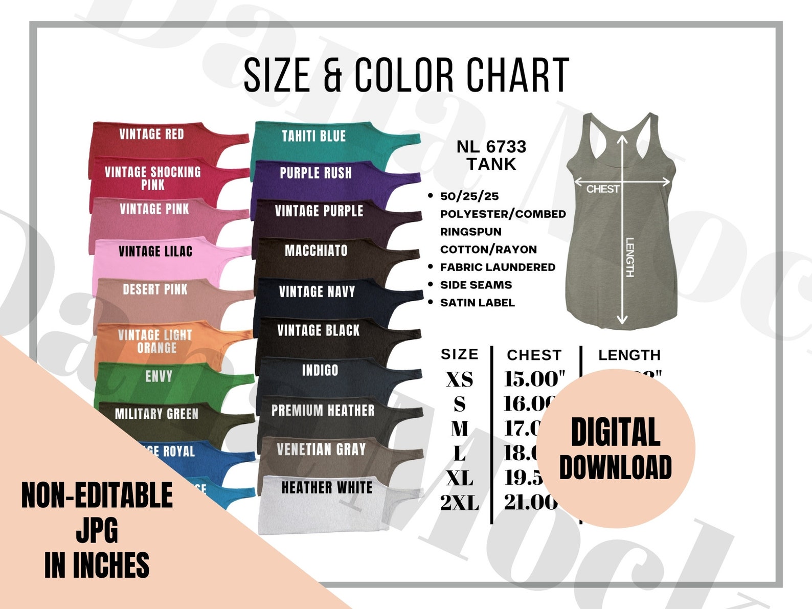 Next Level 6733 Size Color Chart for Tank Top Tshirt Color - Etsy Australia