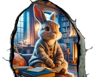 Cute rabbit reading a book in a hole transparent vinyl decal "trompe l'oeil"  2.75" x 2.75"