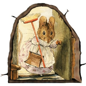 May include: A brown mouse wearing a pink dress and a white apron holds a broom and a dustpan. The mouse is standing in a doorway with a wooden door and a wooden chair in the background.