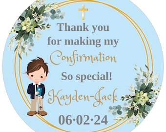 48 Personalised Stickers for 1ST COMMUNION or CONFIRMATION  Party Bags, Favour Boxes etc Self Adhesive 40mm