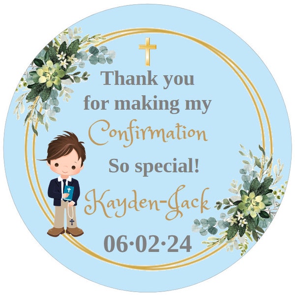 48 Personalised Stickers for 1ST COMMUNION or CONFIRMATION  Party Bags, Favour Boxes etc Self Adhesive 40mm