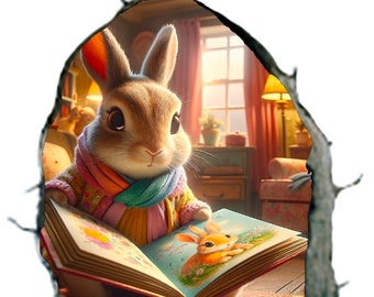 Cute rabbit reading a book in a hole transparent vinyl decal "trompe l'oeil"  2.75" x 2.75"