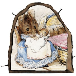 May include: A brown mouse wearing a blue dress is holding a smaller brown mouse wearing a pink dress. The larger mouse is sitting in a chair with a basket behind her.