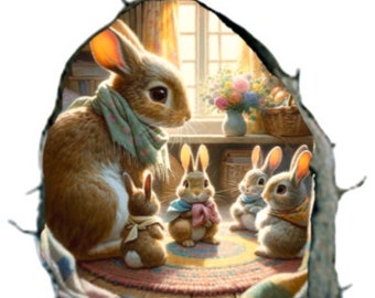 Cute rabbits in a hole transparent vinyl decal "trompe l'oeil"  2.75" x 2.75"