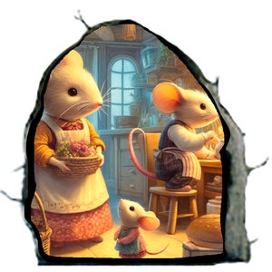 May include: Three mice in a kitchen setting. The mouse on the left is holding a basket of flowers. The mouse in the centre is holding a cup and saucer. The mouse on the right is standing on a stool.