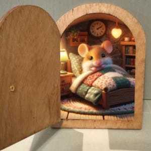 Puede incluir: Un marco de puerta de madera en forma de arco se abre para revelar una habitación en miniatura con un pequeño ratón acostado en una cama con una colcha estampada. La habitación incluye una mesita de noche con lámpara, reloj y estantería.