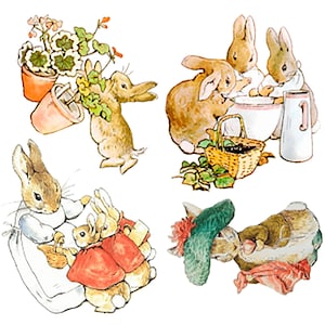 May include: Four illustrations of rabbits in various poses. One rabbit is carrying a potted plant, another is washing dishes with a friend, a third is holding a basket of baby rabbits, and the last is sleeping with a blanket.