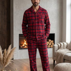 Conjunto de pijama de franela para hombre: ropa de estar por casa cálida de algodón cepillado. imagen 14