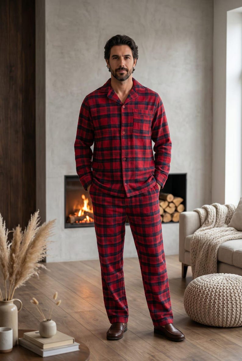 Conjunto de pijama de franela para hombre: ropa de estar por casa cálida de algodón cepillado. imagen 14