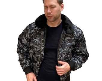 Mens MA2 Camo Bomber Jacket: Military Flight Style, Removable Fur Collar