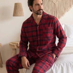 Conjunto de pijama de franela para hombre: ropa de estar por casa cálida de algodón cepillado. imagen 2