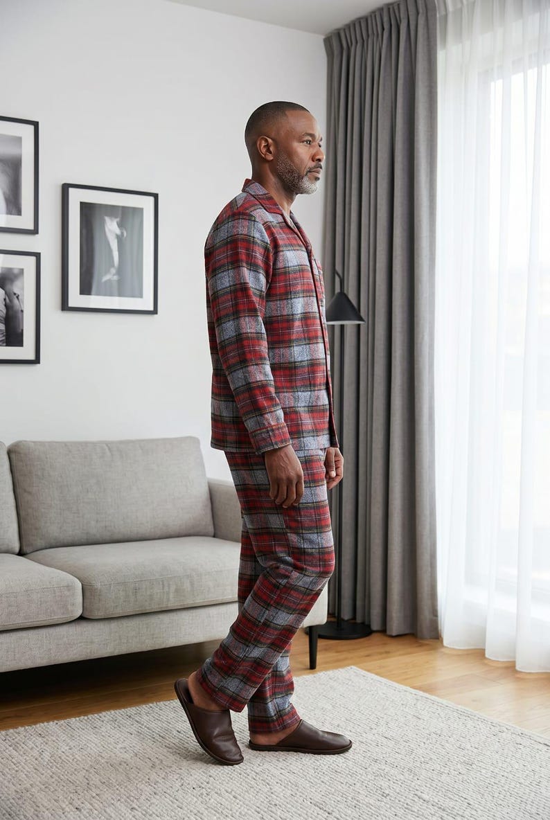 Conjunto de pijama de franela para hombre: ropa de estar por casa cálida de algodón cepillado. imagen 12