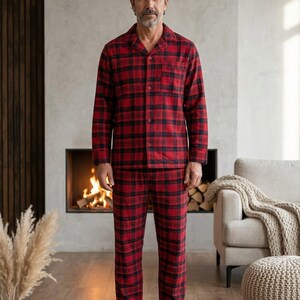 Conjunto de pijama de franela para hombre: ropa de estar por casa cálida de algodón cepillado. imagen 17