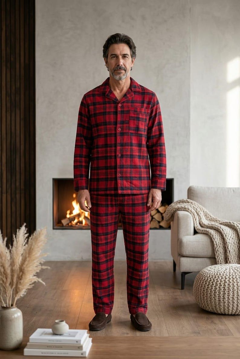 Conjunto de pijama de franela para hombre: ropa de estar por casa cálida de algodón cepillado. imagen 17