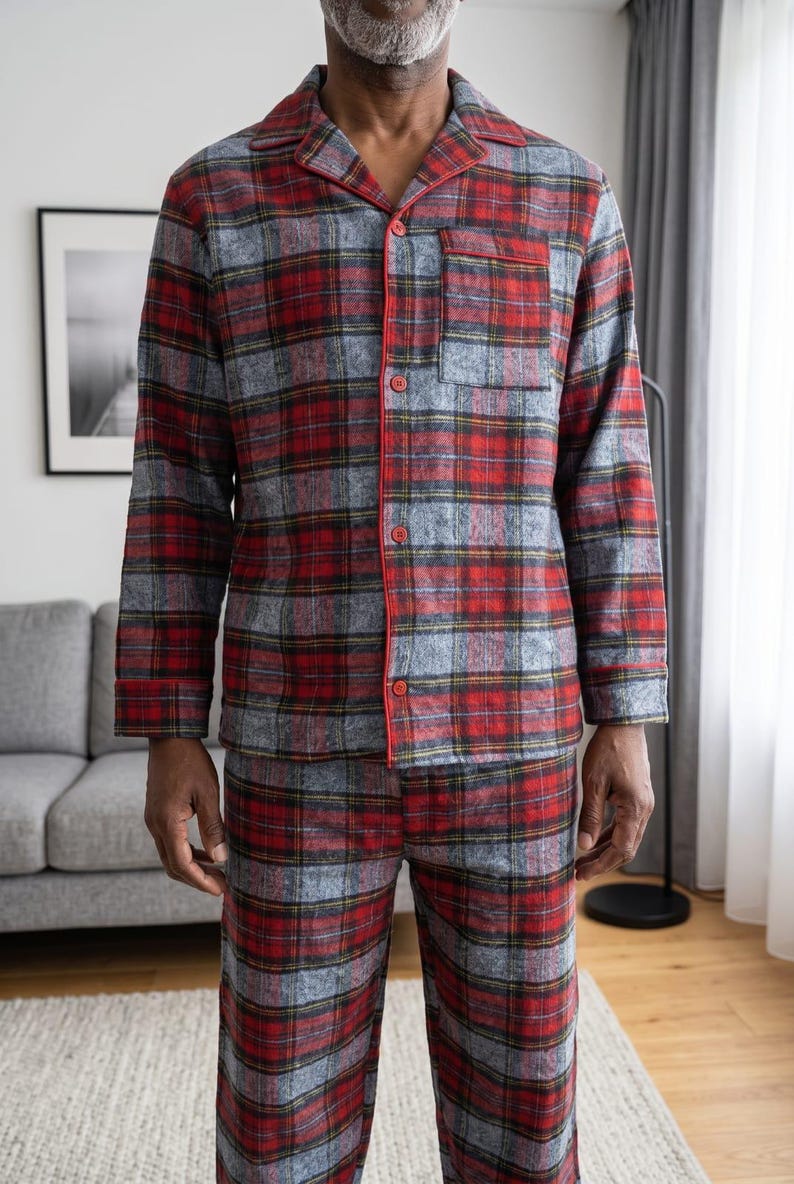 Conjunto de pijama de franela para hombre: ropa de estar por casa cálida de algodón cepillado. imagen 10