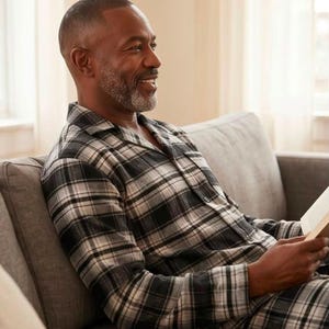 Mens Cotton Flannel Pajama Set: Black Grey Tartan PJs Check