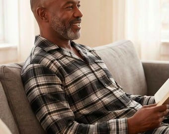 Mens Cotton Flannel Pajama Set: Black Grey Tartan PJs Check