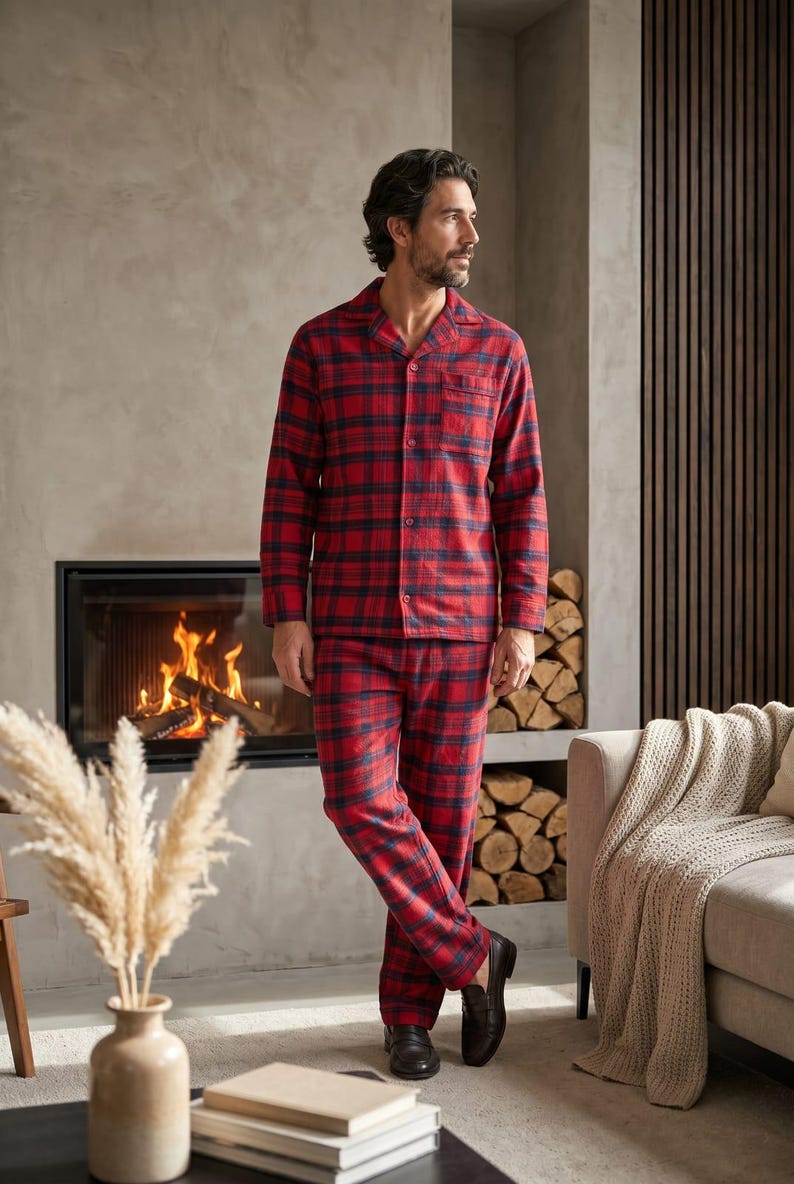 Conjunto de pijama de franela para hombre: ropa de estar por casa cálida de algodón cepillado. imagen 16