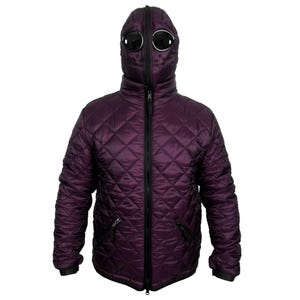 May include: A purple quilted jacket with a black zipper and a black hood. The hood has a built-in face mask with two circular eyeholes.