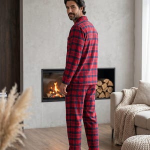 Conjunto de pijama de franela para hombre: ropa de estar por casa cálida de algodón cepillado. imagen 18