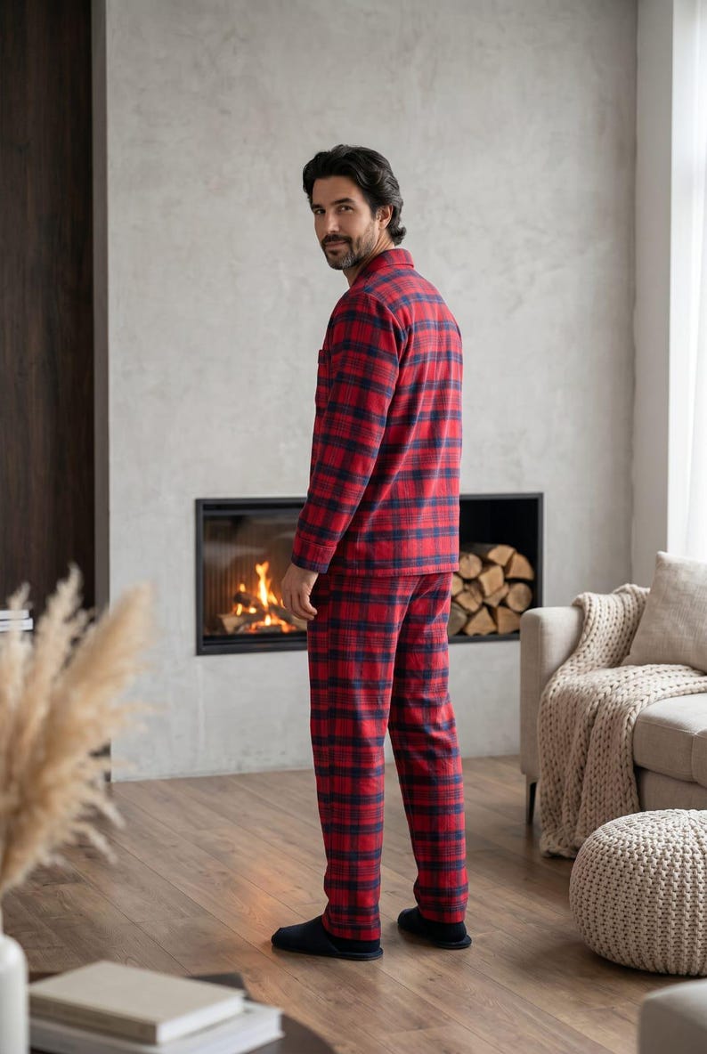 Conjunto de pijama de franela para hombre: ropa de estar por casa cálida de algodón cepillado. imagen 18