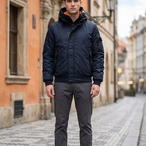 Mens Bomber Jacket: Removable Goggle Hood, Water Resistant Padded Coat