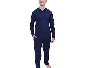Men's 100% Cotton Pajama Set: Long Sleeve Loungewear with Pockets