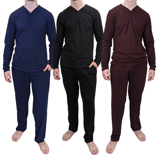 Mens 100% cotton pyjamas with pockets, long sleeves and elasticated drawstring waist/open 3 button neck/breathable, durable luxury pjs S-4XL
