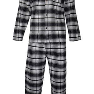 Mens Cotton Flannel Pajama Set: Black Grey Tartan PJs