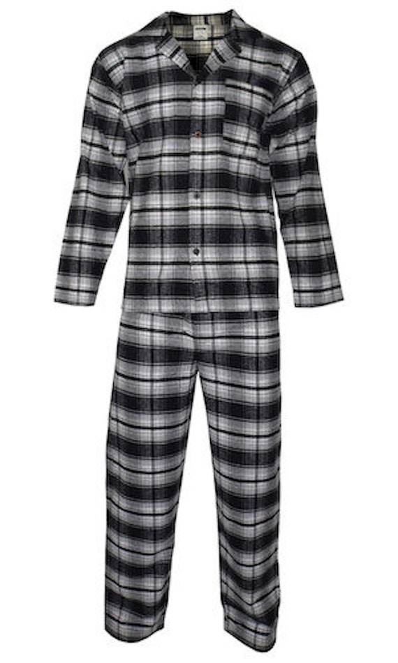 Black Grey Tartan Mens Cotton Flannel/brush Cotton Pjs Pyjama Set