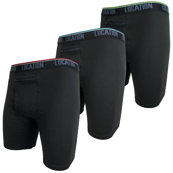 Mens Longer Leg Boxers Underwear Challenger 3 Pack Stash Pocket Zipped Front Pocket anti chafing Stretch Cotton feel Comfort Sport Soft