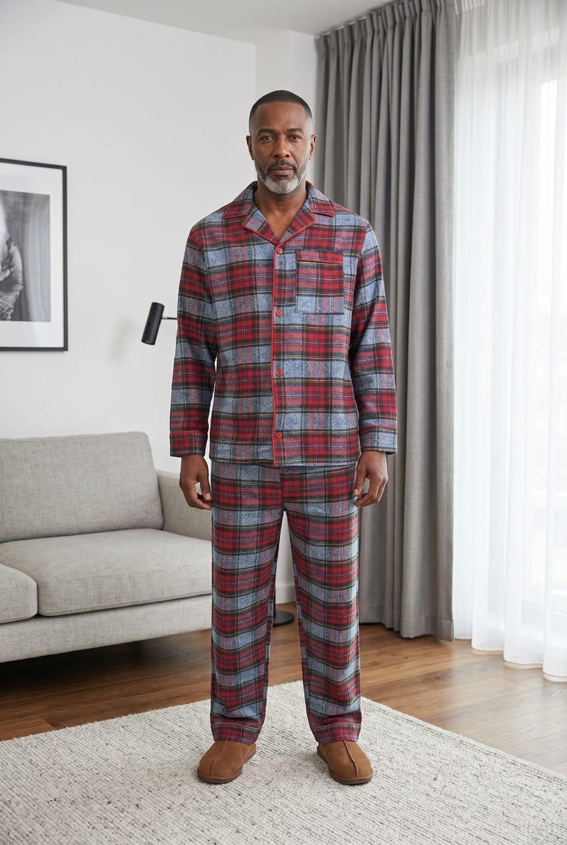 Conjunto de pijama de franela para hombre: ropa de estar por casa cálida de algodón cepillado. imagen 13