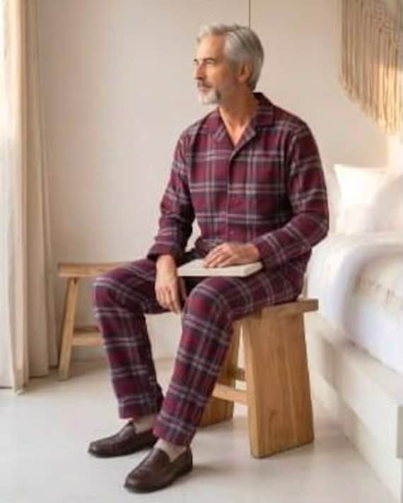 Mens Flannel Pajama Set: Burgundy Check Cotton PJs