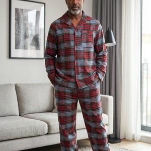 Conjunto de pijama de franela para hombre: ropa de estar por casa cálida de algodón cepillado. imagen 11