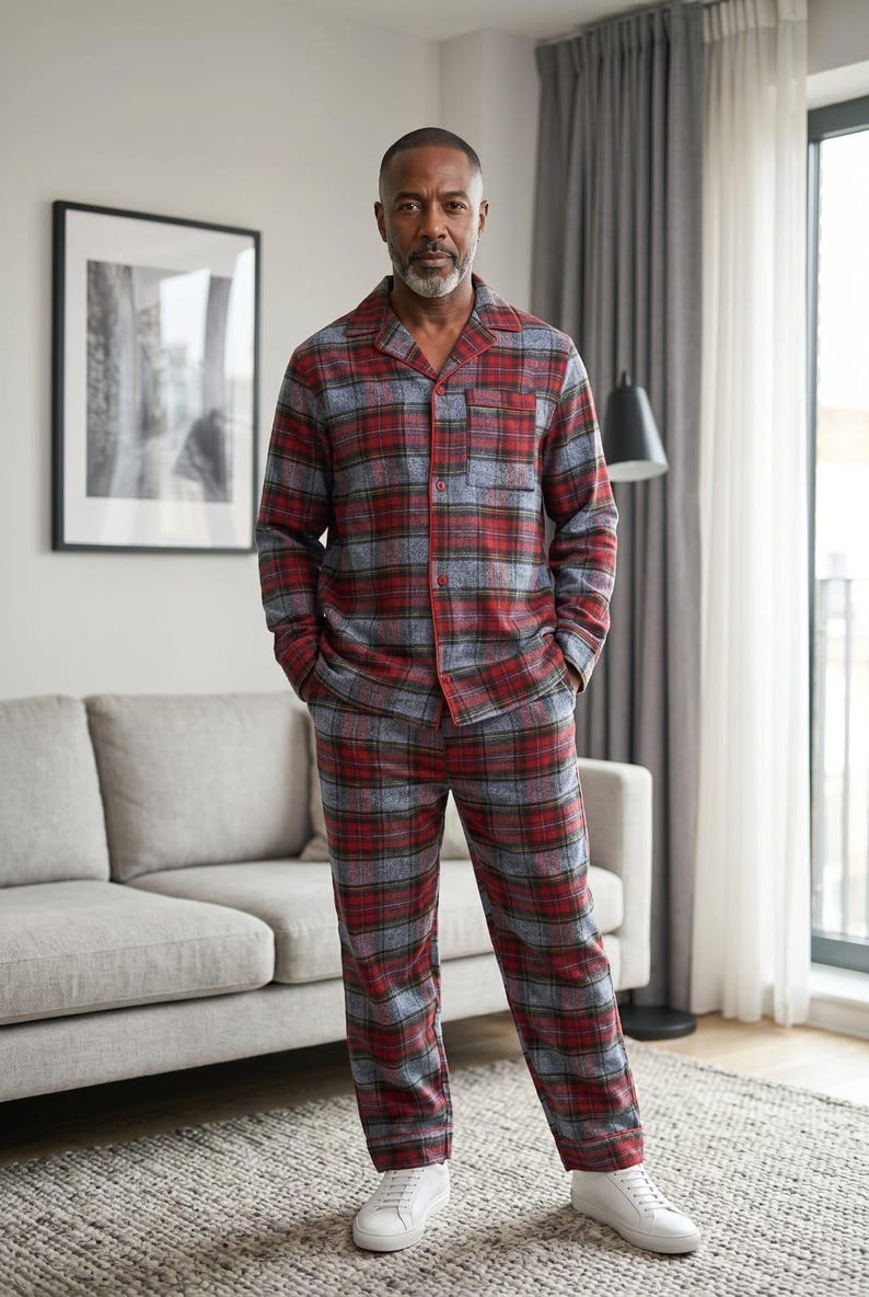 Conjunto de pijama de franela para hombre: ropa de estar por casa cálida de algodón cepillado. imagen 11