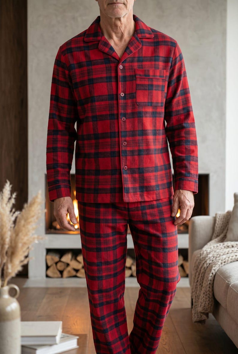 Conjunto de pijama de franela para hombre: ropa de estar por casa cálida de algodón cepillado. imagen 15
