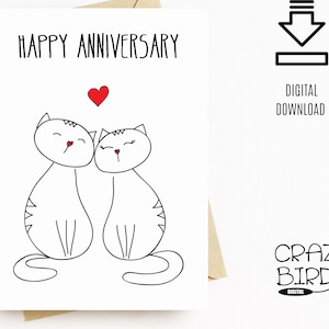 Biglietto di anniversario stampabile con gatti - Biglietto di anniversario stampabile per marito - Biglietto di anniversario scaricabile per moglie