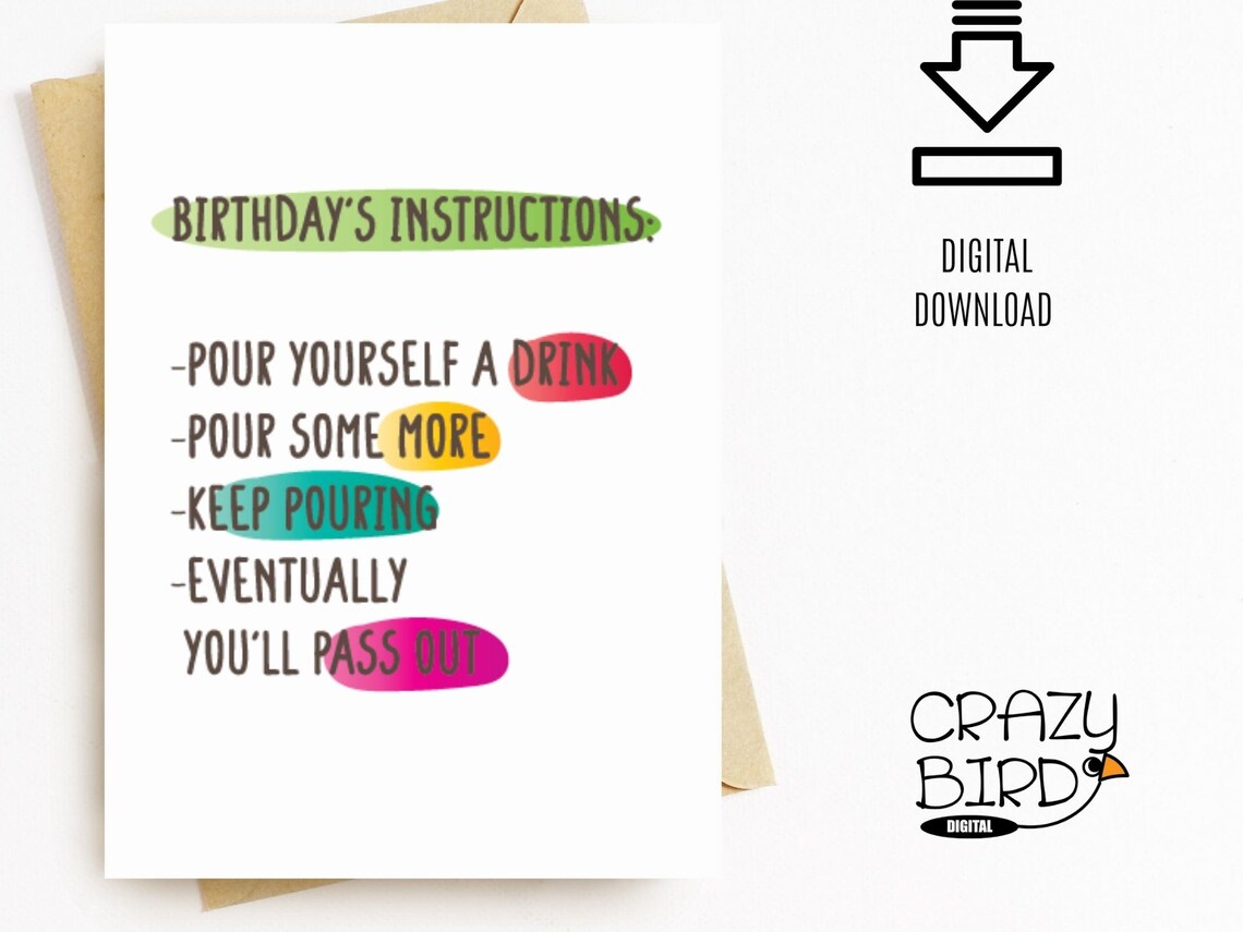Funny Birthday Card Printable-birthday Drinking Card-humour Birthday ...