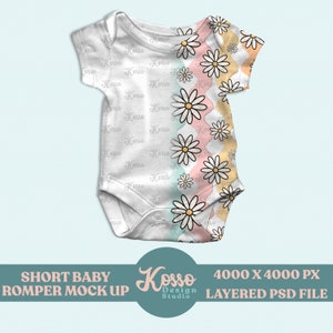 May include: White baby romper mockup with a daisy and rainbow pattern. The romper has short sleeves and a snap closure. The mockup is 4000 x 4000 pixels and is a layered PSD file.