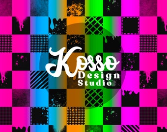 Könnte beinhalten: Ein farbenfrohes Schachbrettmuster mit einem Regenbogen-Verlaufseffekt. Das Muster enthält verschiedene Texturen wie Streifen, Punkte und Spritzer. Der Text "Kosso Design Studio" befindet sich in der Mitte des Bildes.