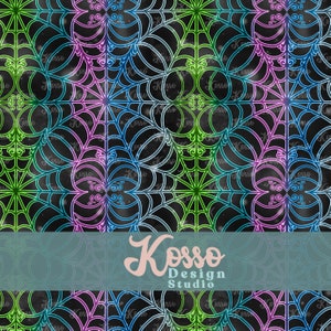 May include: A seamless pattern featuring a black background with a repeating design of neon green, pink, and blue spiderwebs. The pattern is perfect for Halloween or spooky themed projects.