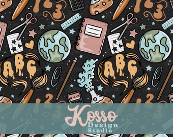 May include: A seamless pattern featuring a variety of school supplies, including a globe, a calculator, a notebook, a paintbrush, scissors, a pencil, and the letters ABC. The background is black with white stars.