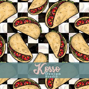 May include: A seamless pattern featuring a repeating design of tacos on a black and white checkered background. The tacos are filled with meat, lettuce, and tomatoes. The text "Kosso Design Studio" is displayed at the bottom of the image.