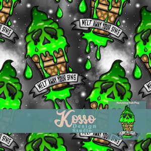 Könnte beinhalten: Ein nahtloses Muster mit grünen, schmelzenden Eiswaffeln mit einem Totenkopf und dem Text "Melt Away Your Sins". Der Hintergrund ist dunkelgrau mit weißen Flecken.