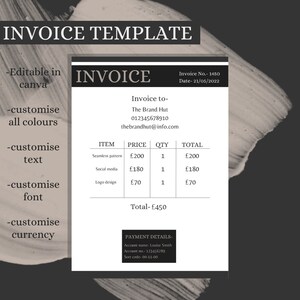Invoice template editable in Canva - modern and professional invoice- branded template - digital download invoice - customisable business
