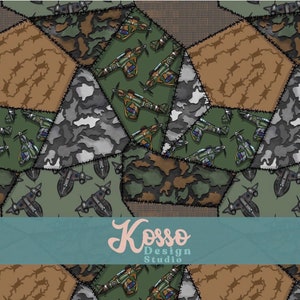 May include: A patchwork quilt design featuring a repeating pattern of camouflage fabric and vintage airplanes. The fabric is sewn together with a zig-zag stitch and the airplanes are in shades of green, brown, and black. The quilt is a great way to add a touch of vintage style to your home.